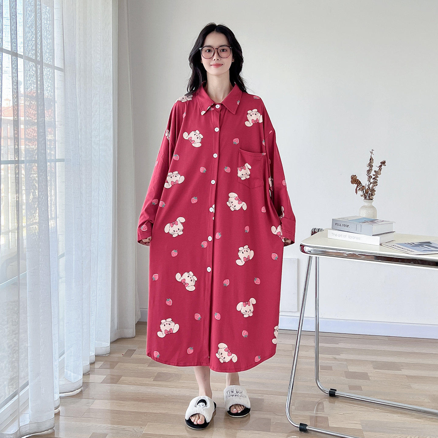 衬衫领开衫针织纯棉大码睡裙女春秋长袖胖MM宽松200斤睡衣家居服