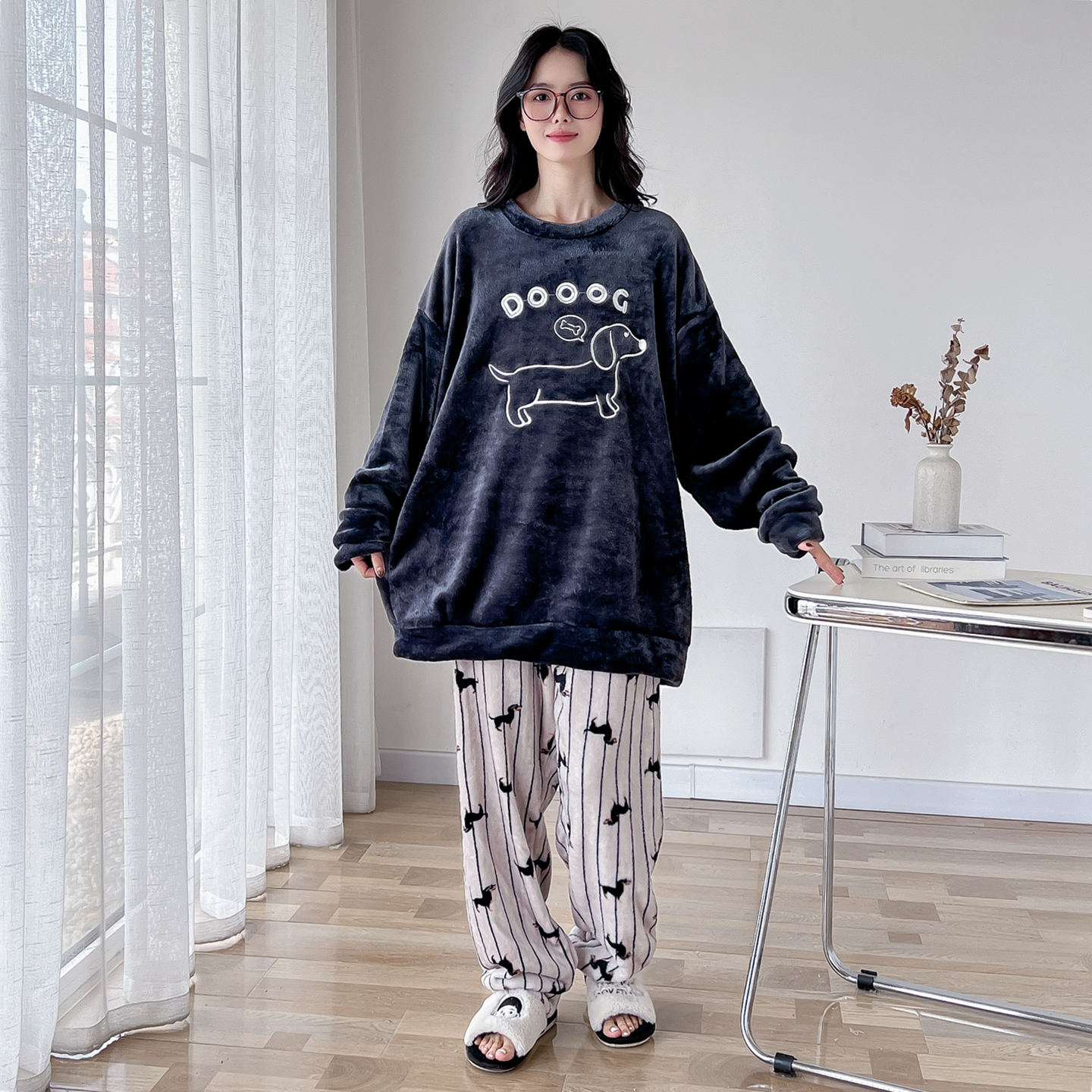 可爱狗狗珊瑚绒大码情侣睡衣套装