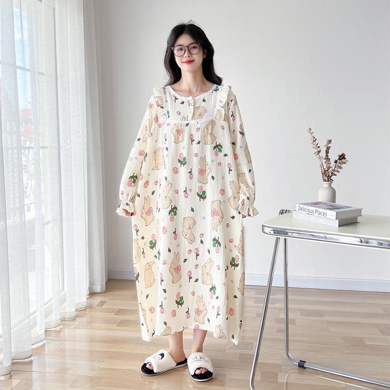 纯棉纱布春秋甜美大码睡裙女