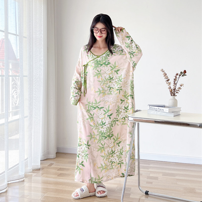 国风棉绸加长大码睡裙女胖mm200斤春秋长袖薄款新中式睡衣家居服