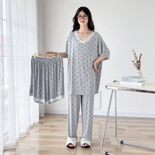 3件套装 莫代尔蕾丝V领大码 加肥加大长裤 短裤 家居服 睡衣女春夏短袖