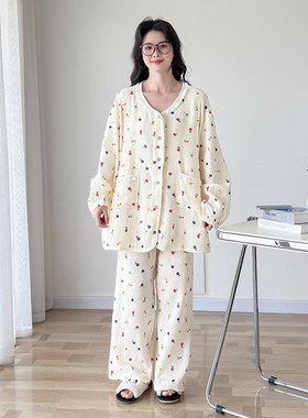 纯棉纱布大码孕妇产后哺乳家居服