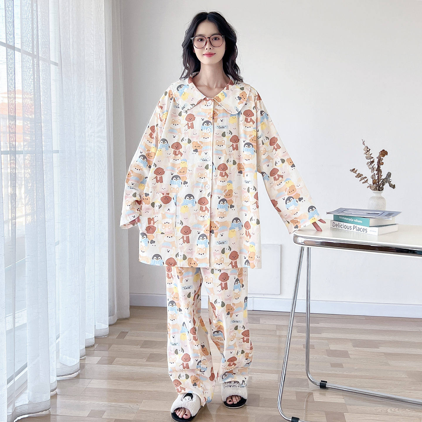 可爱翻领磨毛纯棉大码睡衣女春秋