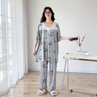 带胸垫方领蕾丝大码睡衣女200斤春夏薄款短袖长裤莫代尔棉家居服
