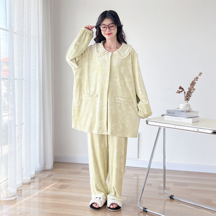 植物压花海岛绒加大码睡衣女胖mm200斤秋冬长袖天鹅绒家居服套装