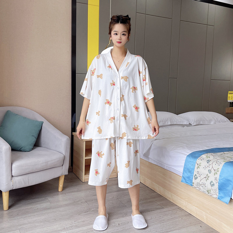 日系开衫大码胖mm睡衣女加肥200斤夏季休闲短袖七分裤家居服套装