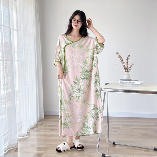 中国风加长款棉绸夏季大码睡裙女