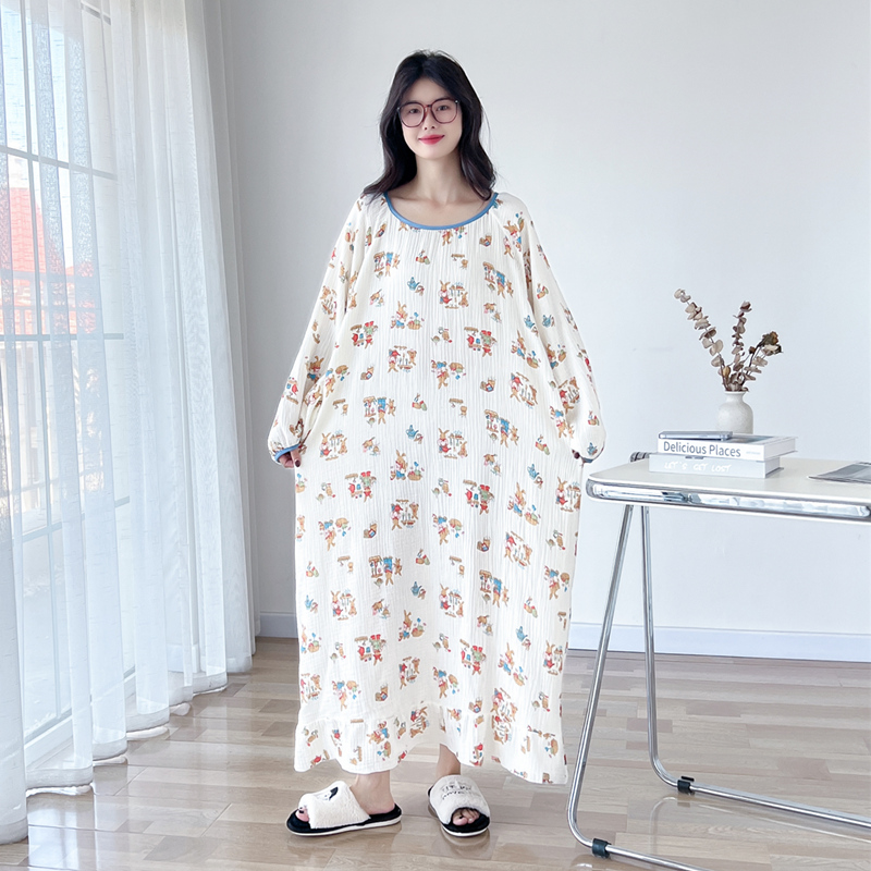 纯棉纱布春秋甜美长袖大码睡裙女