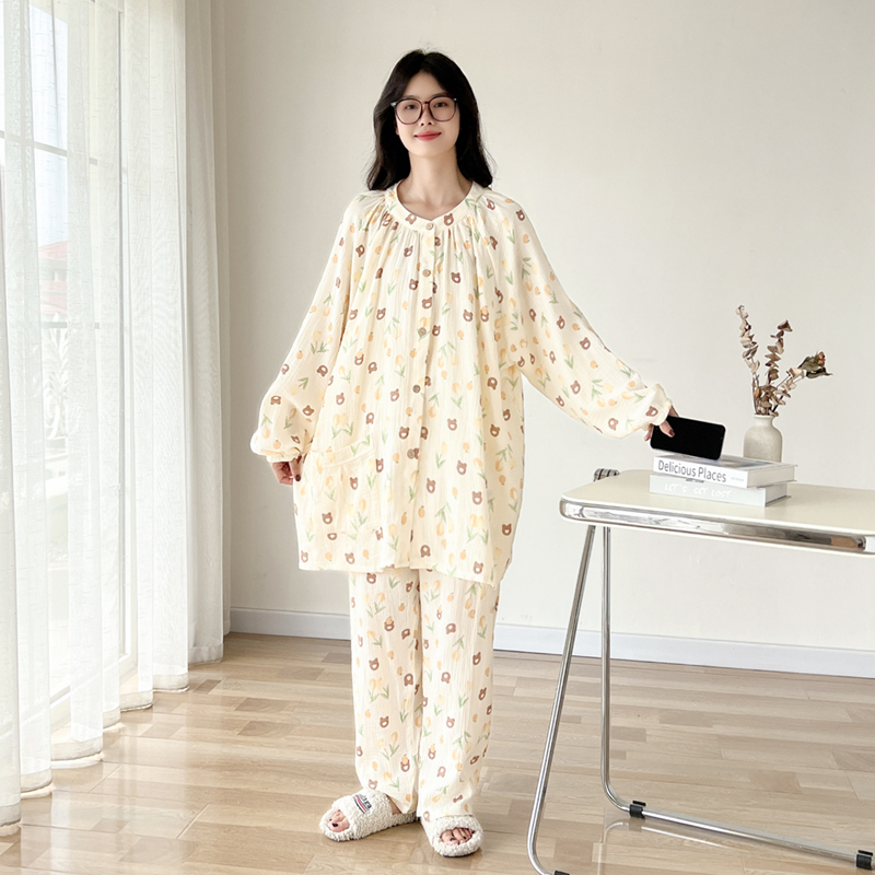 春秋纯棉纱布印花大码睡衣套装女