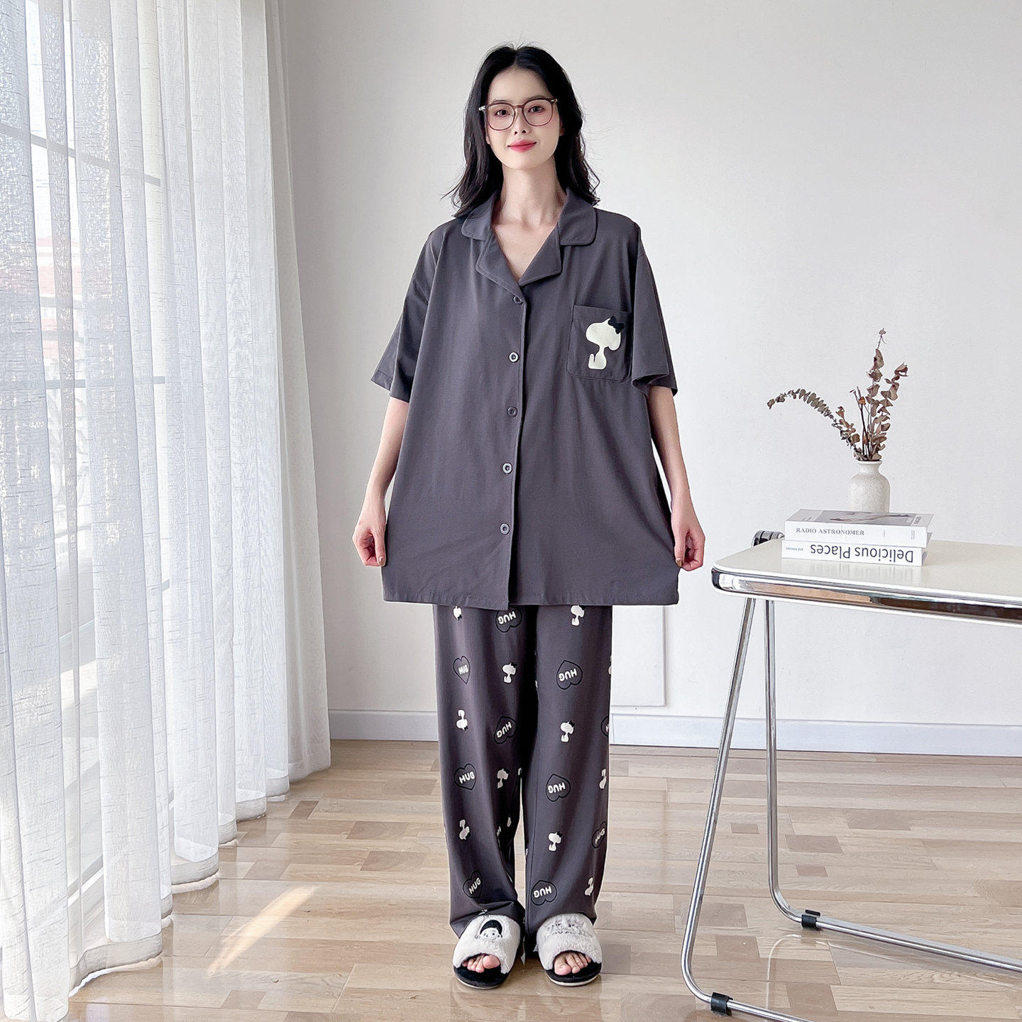 卡通翻领纯棉大码情侣睡衣春夏短袖长裤加肥200斤男女家居服套装