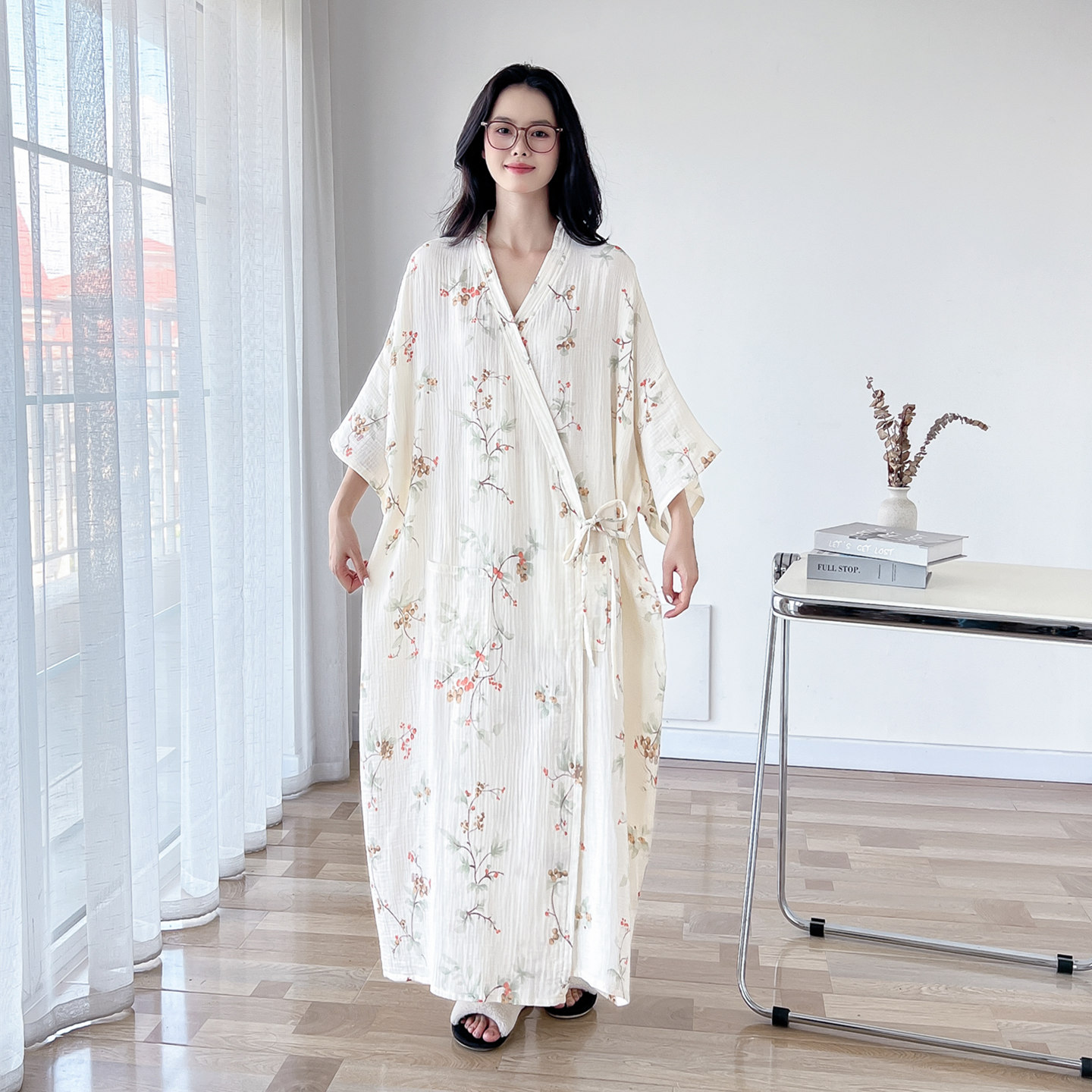加长款浴袍纯棉纱布睡袍女中式夏