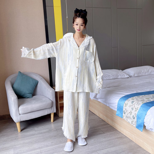 纯棉纱布花边大码睡衣套装春秋女