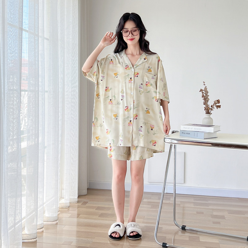 简约开衫棉绸大码睡衣女夏季短袖