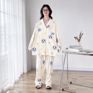 卡通企鹅针织棉大码情侣睡衣女春秋长袖加肥200斤男士家居服套装