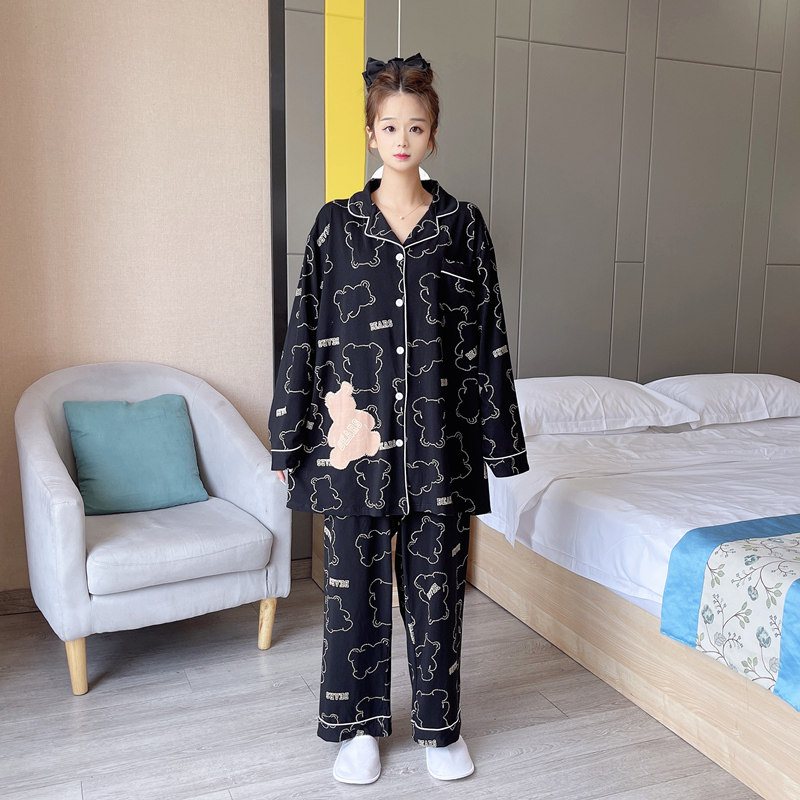 卡通小熊加肥加大码胖mm睡衣女200斤纯棉春秋长袖休闲家居服套装
