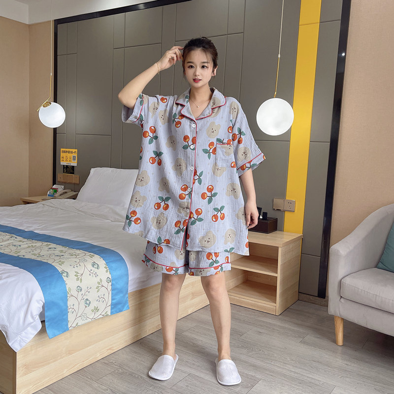 婴儿棉纱布大码睡衣女200斤薄款夏季开衫短袖胖mm宽松家居服套装