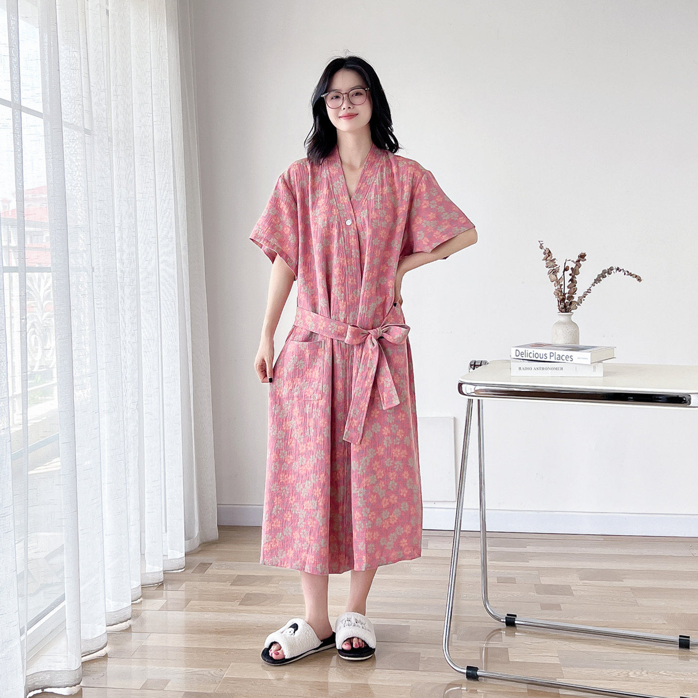 日系大码睡袍女夏系绳薄款短袖纯棉纱布加肥200斤浴袍晨袍家居服
