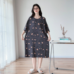 卡通大码睡裙女200斤中长款睡衣夏季短袖薄款纯棉胖mm孕妇家居服