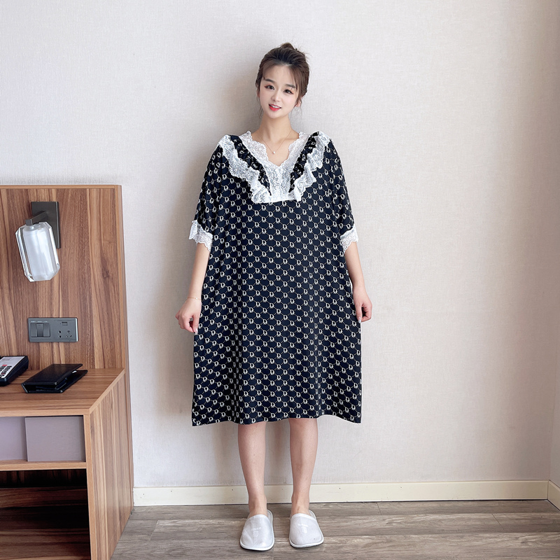 冰雪丝夏季短袖蕾丝大码睡裙女