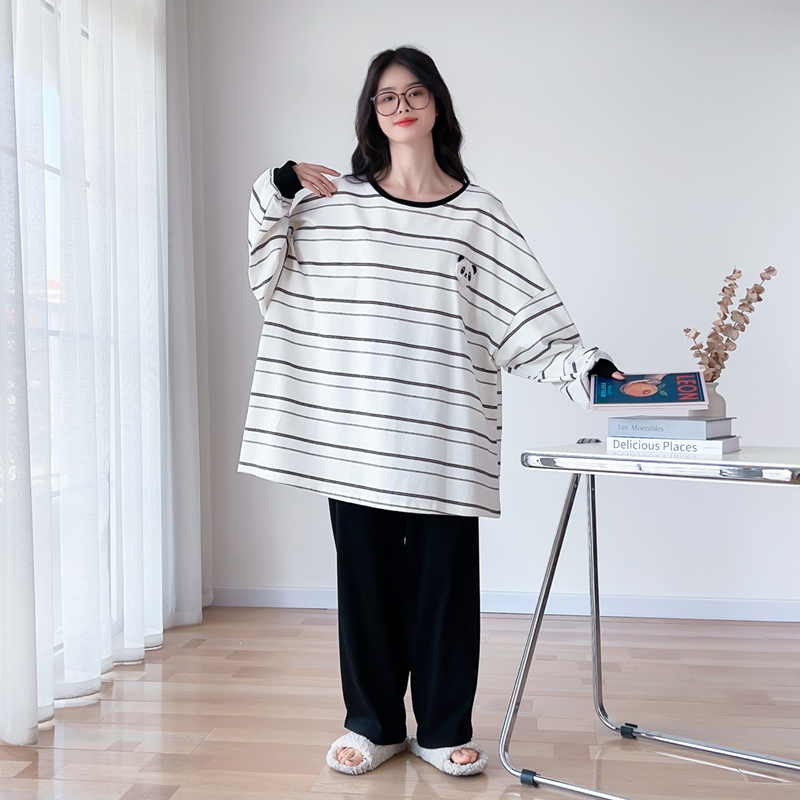 春秋纯棉熊猫刺绣大码睡衣套装女