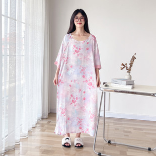 短袖 加长款 睡裙女夏季 棉绸大码 国风加肥加大孕妇连衣裙家居服 薄款