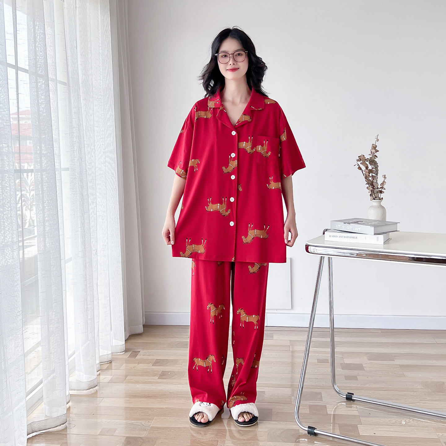 情侣睡衣春夏薄款开衫红色大码200斤短袖长裤男女结婚家居服套装