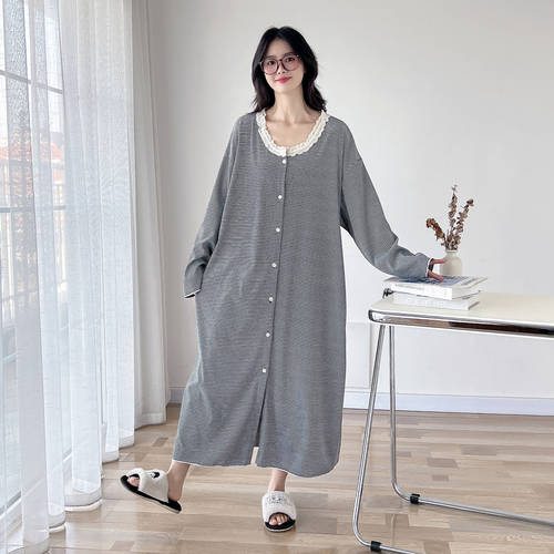 韩版花边圆领开衫纯棉大码睡裙
