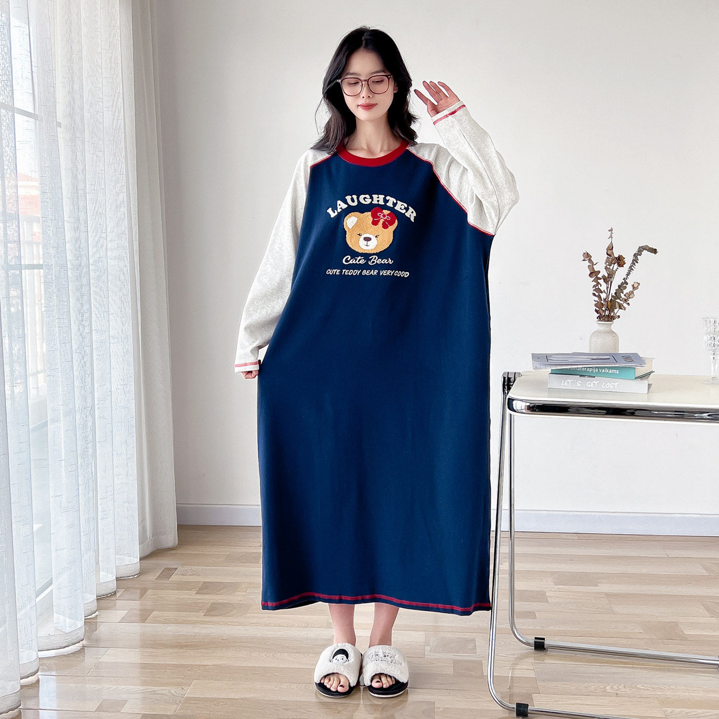 可爱小熊圆领加厚纯棉大码睡裙女春秋长袖胖MM200斤睡衣家居裙子