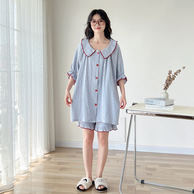 韩版翻领纯棉纱布大码睡衣套装夏