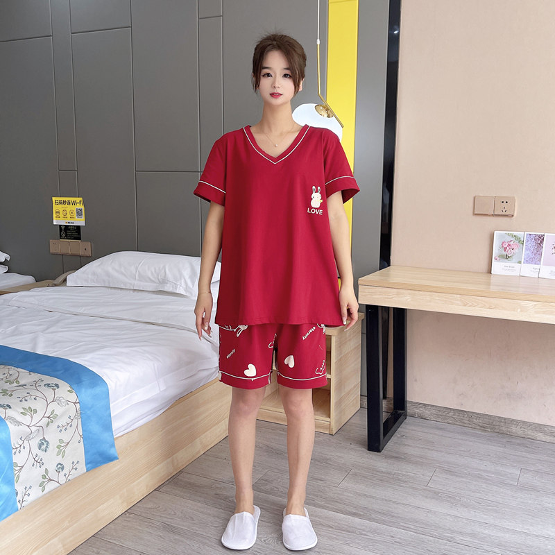 夏季V领加肥大码睡衣女纯棉薄款200斤短袖短裤胖mm休闲家居服套装