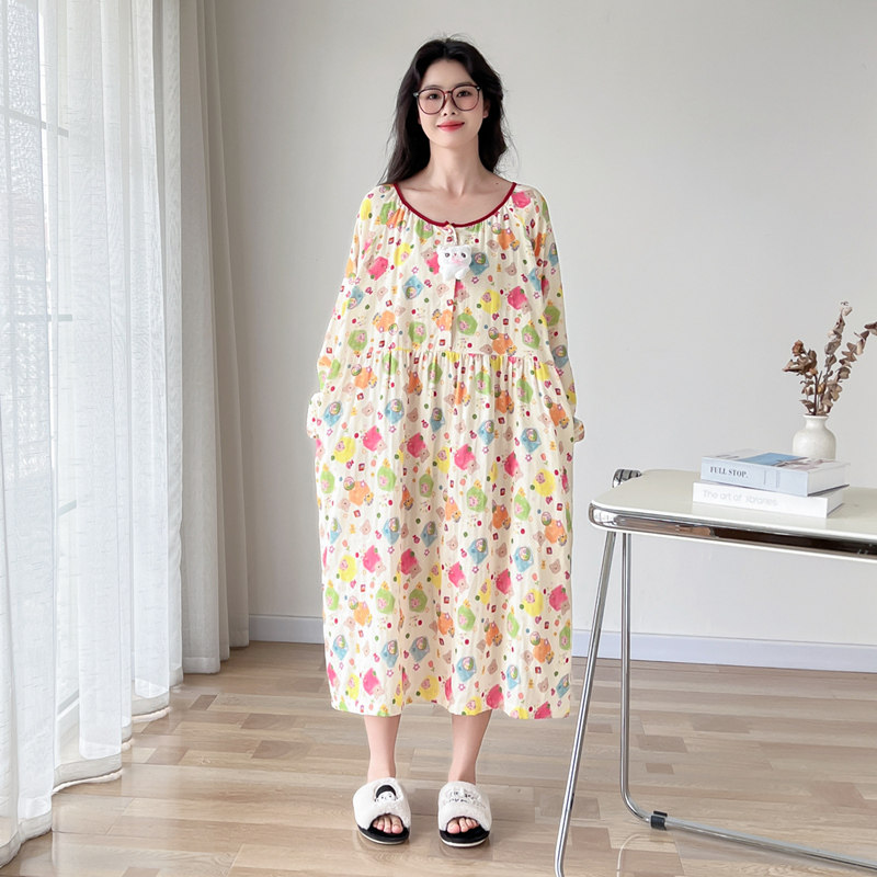 可爱卡通纯棉纱布大码睡裙女春秋季长袖加肥200斤孕妇睡衣家居服