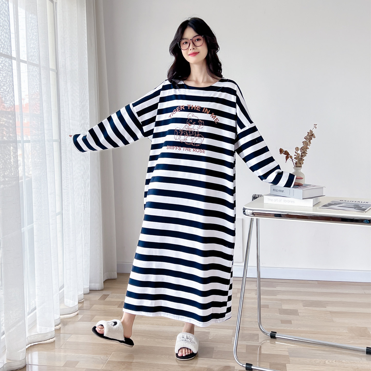 卡通小熊条纹纯棉大码睡裙女春秋