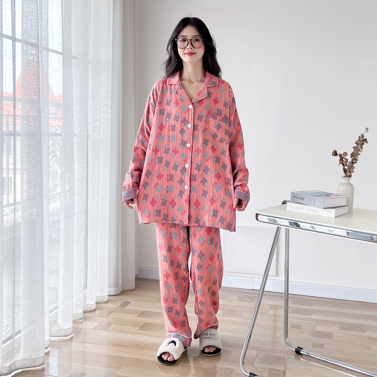 大码睡衣女开衫纯棉纱布春秋长袖