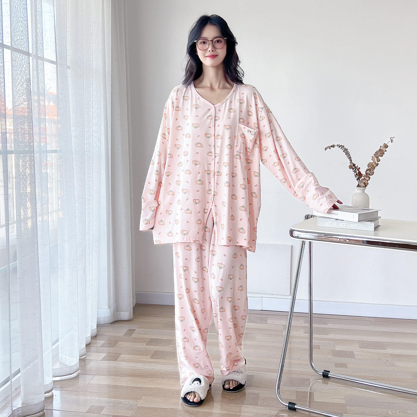 可爱兔子鸡心领纯棉大码睡衣女