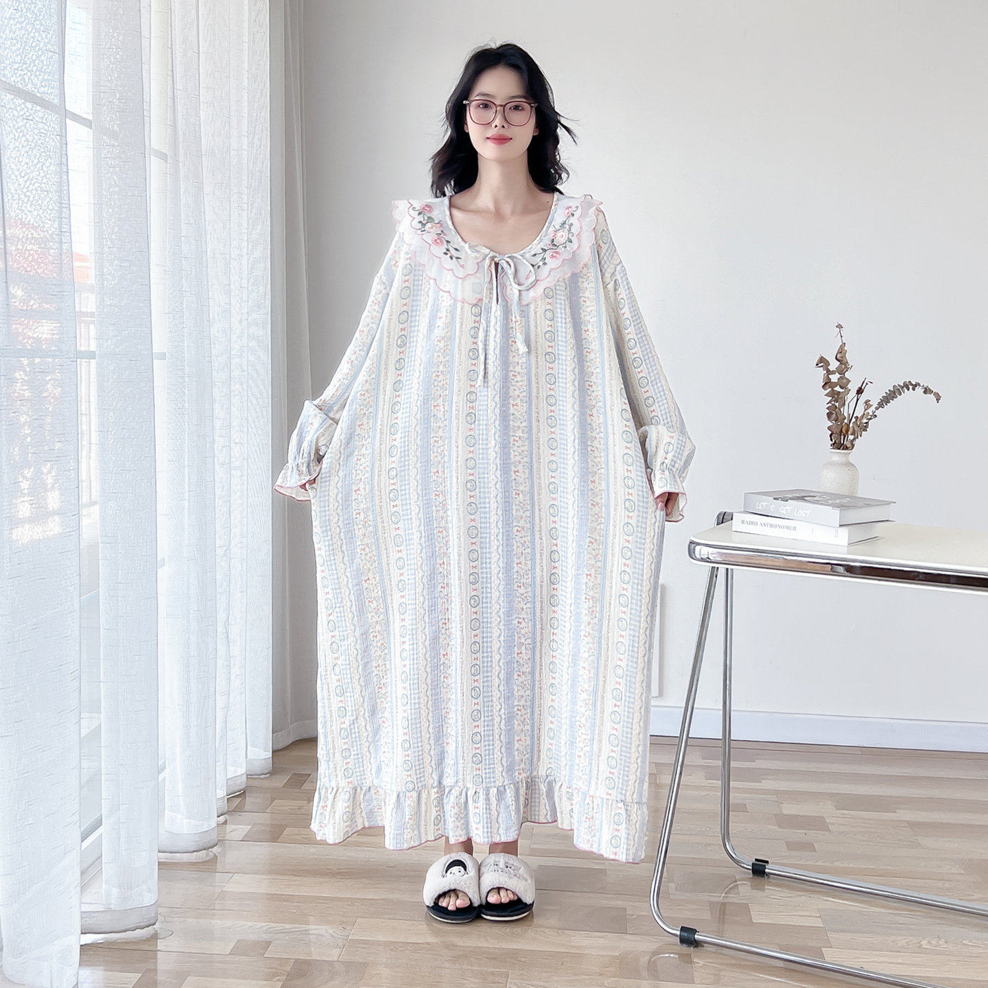 公主风纯棉双层纱布大码长袖睡裙女春秋超长加肥孕妇200斤家居裙