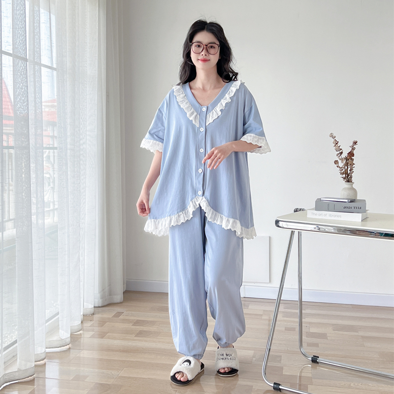甜美V领花边纯棉大码睡衣女春夏