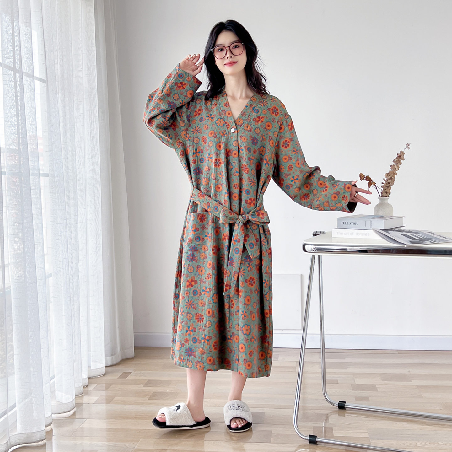 纯棉纱布大码睡袍女士吸水速干