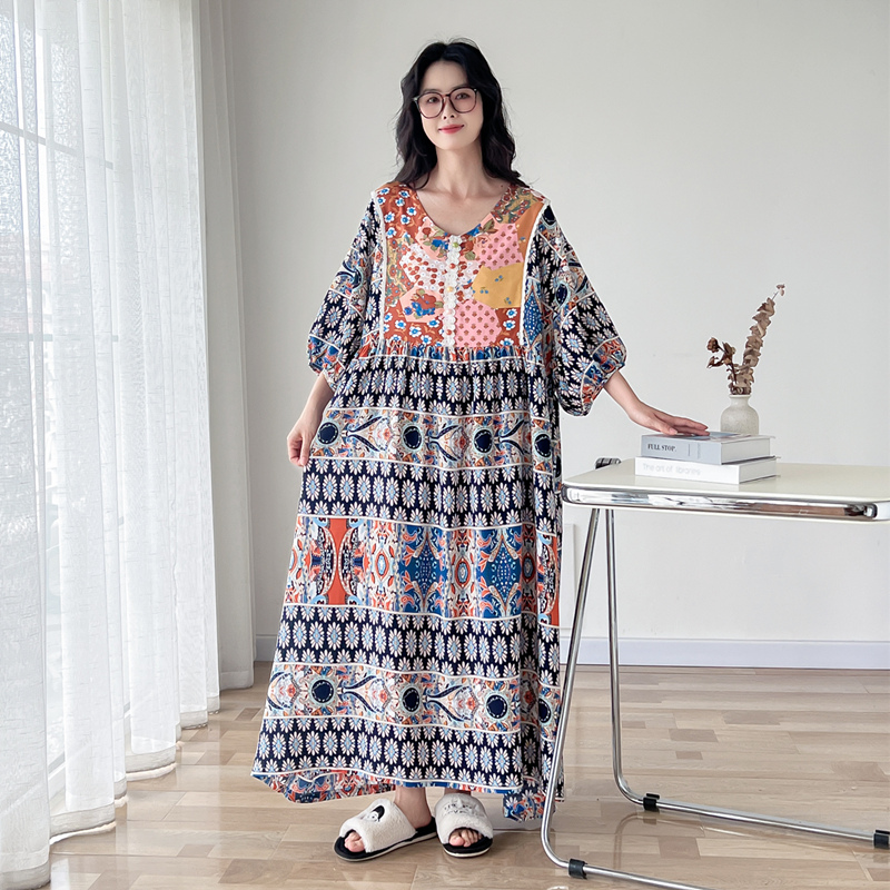 民族風棉綢大碼睡裙女夏季中袖