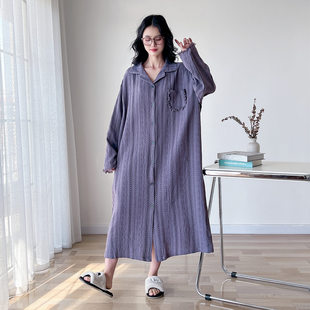 小香风翻领开衫纯棉大码睡裙女春秋长袖加肥200斤孕妇裙子家居服