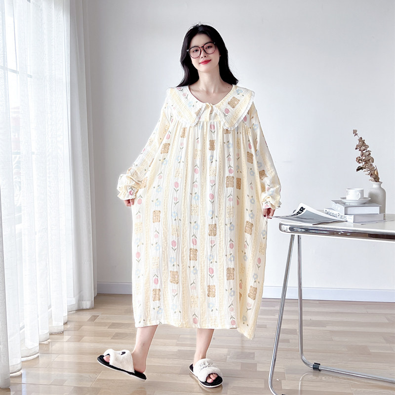 公主风双层棉纱可爱大码睡裙女胖mm200斤春秋长袖孕妇睡衣家居服