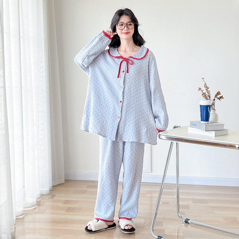 韩版甜美翻领纯棉纱布大码睡衣女