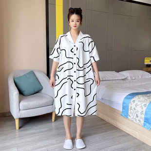 开衫V领大码睡裙女胖mm200斤纯棉夏天薄款短袖韩版孕妇睡衣家居服