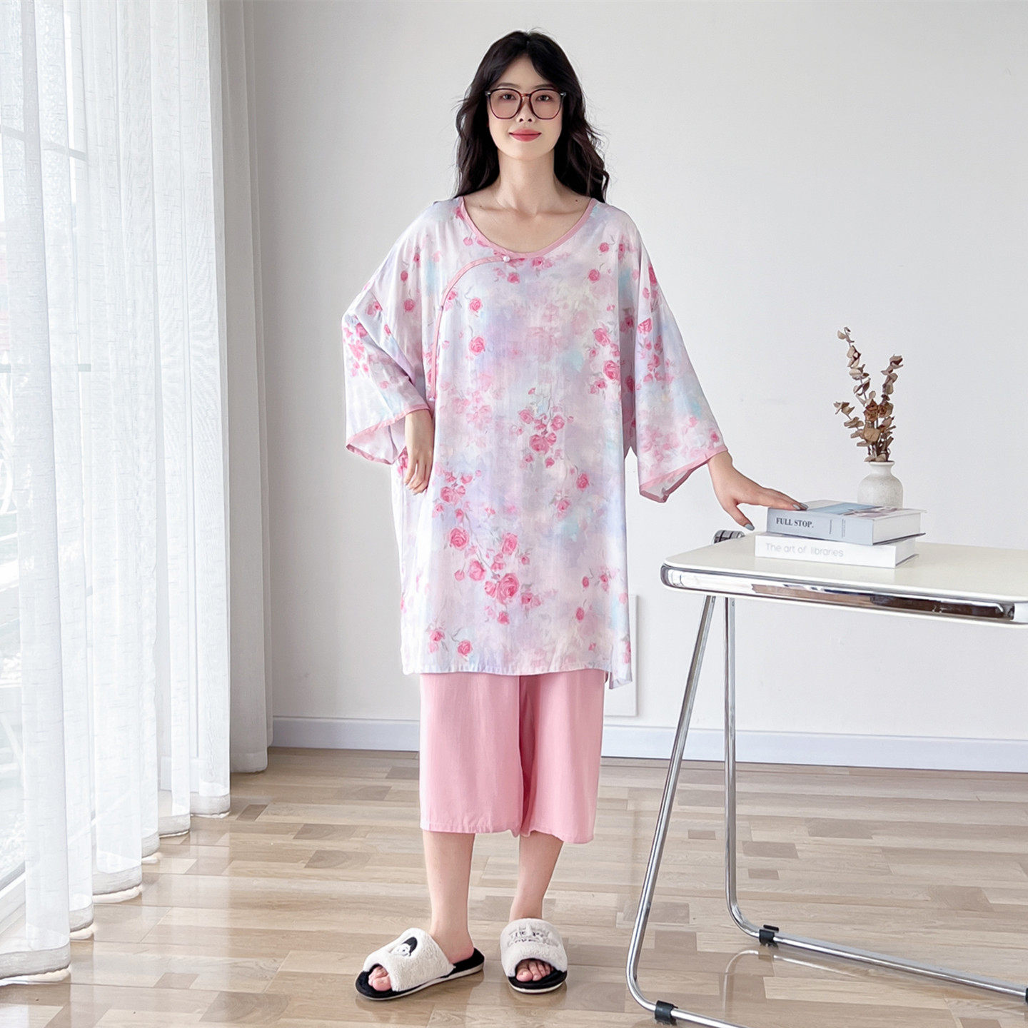 新中式棉绸大码睡衣女士夏季短袖七分裤国风薄款人造棉家居服套装