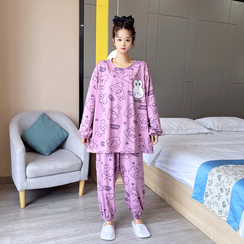 可爱兔子加肥加大码睡衣女200斤纯棉春秋圆领长袖胖mm家居服套装