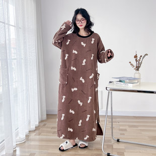 冬季加长圆领米粒绒大码睡裙女加厚加绒胖MM200斤孕妇睡衣家居服