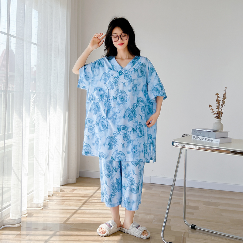 民族风棉绸V领加大码睡衣女士夏季薄款短袖七分裤200斤家居服套装