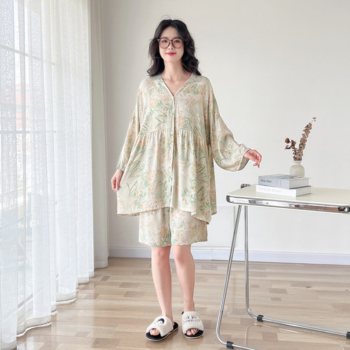 V领开衫棉绸灯笼袖大码睡衣女夏