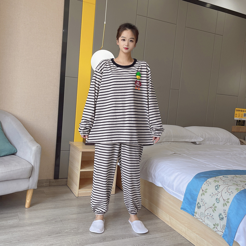可爱条纹加大码睡衣女200斤纯棉春秋长袖长裤休闲胖mm家居服套装