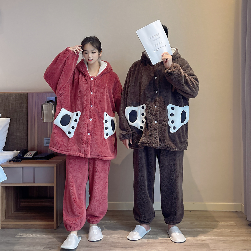 大码情侣睡衣女200斤冬季珊瑚绒加厚加绒家居服男士法兰绒两件套