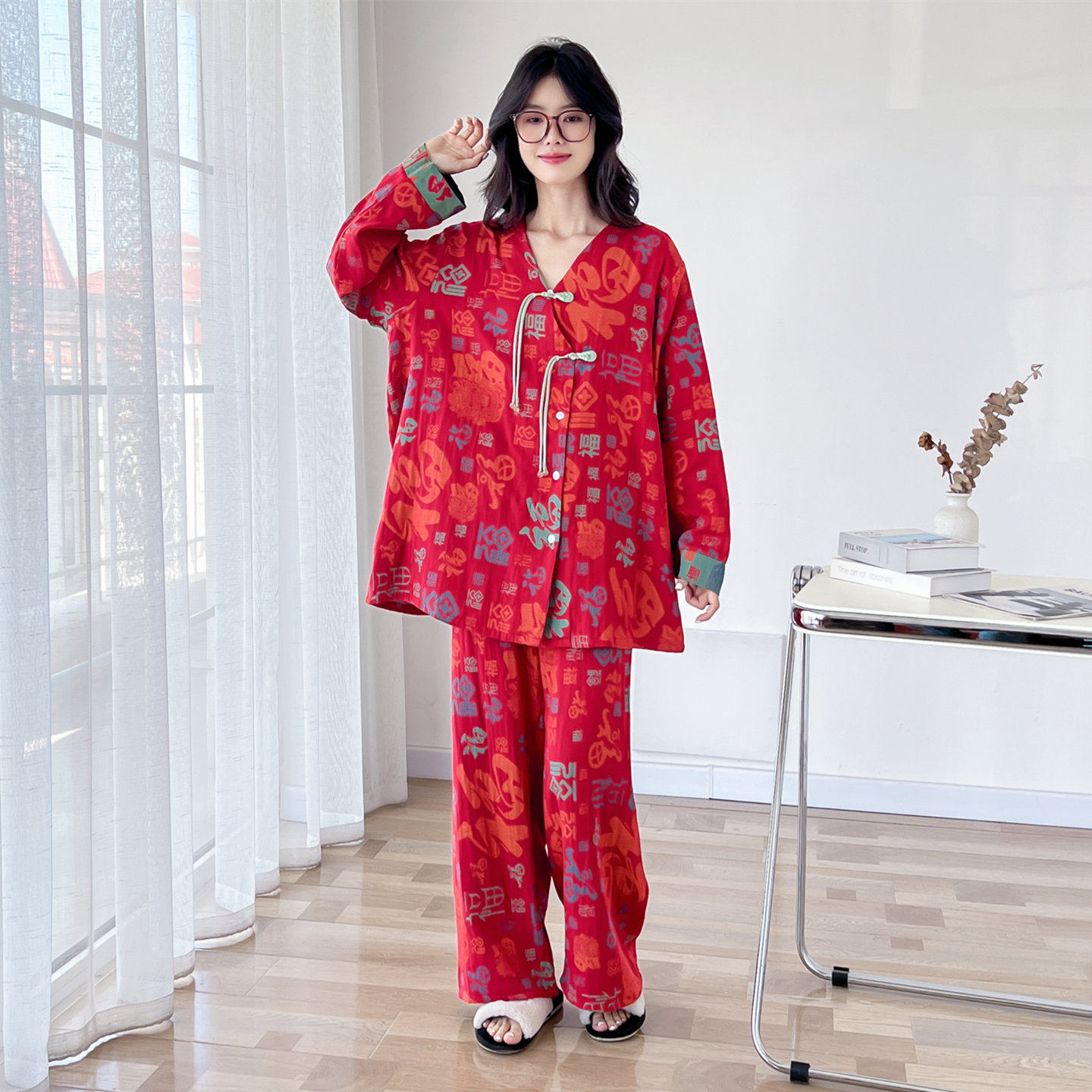 新中式盘扣纯棉纱布大码睡衣女春秋长袖复古胖mm200斤家居服套装